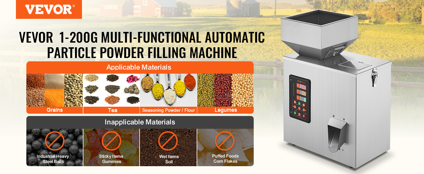 VEVOR powder filling machine for grains, tea, seasoning powder, and legumes. not for steel balls, gummies, soil, or corn flakes.