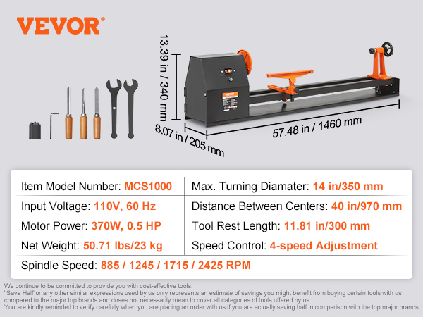 VEVOR koka virpas mcs1000 specifikācijas: 110v, 370W, 14 collu diametrs, 40 collu starp centriem.