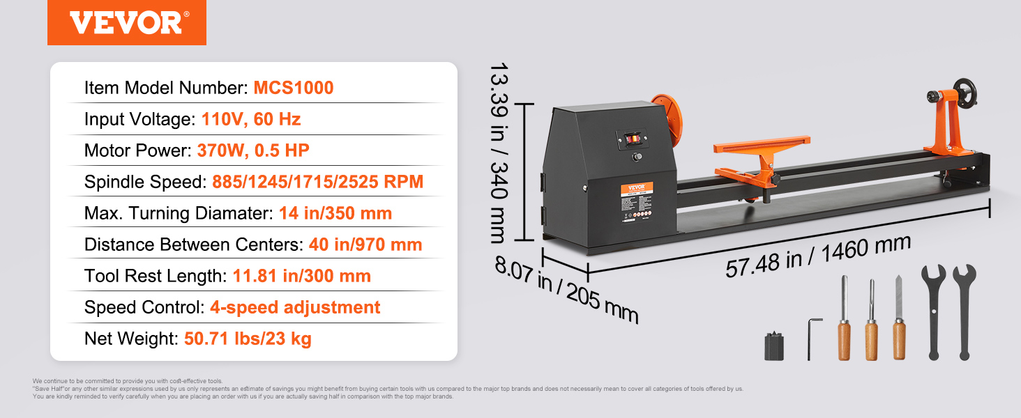 VEVOR koka virpas mcs1000 specifikācijas: 110v, 370W, 14 collu diametrs, 40 collu starp centriem.