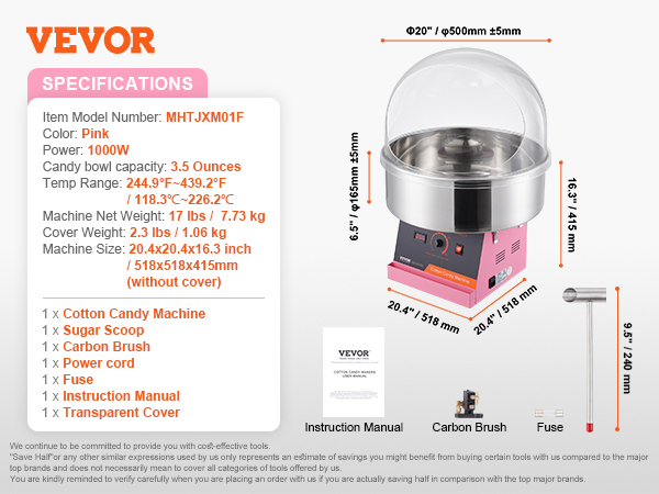 VEVOR cotton candy machine with pink base, 1000w power, 3.5-ounce bowl capacity, and transparent cover.