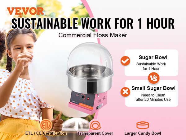 VEVOR cotton candy machine commercial floss maker, sustainable work for 1 hour, etl/ce certified.