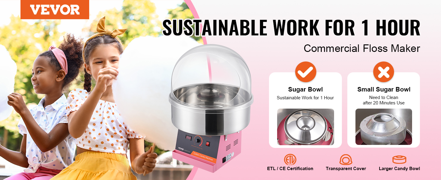 VEVOR cotton candy machine commercial floss maker, sustainable work for 1 hour, etl/ce certified.