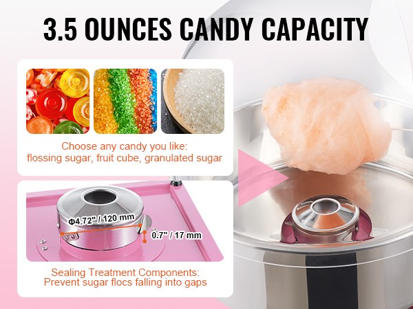 VEVOR cotton candy machine with 3.5 ounces candy capacity, supports various sugar types, and sealing components.