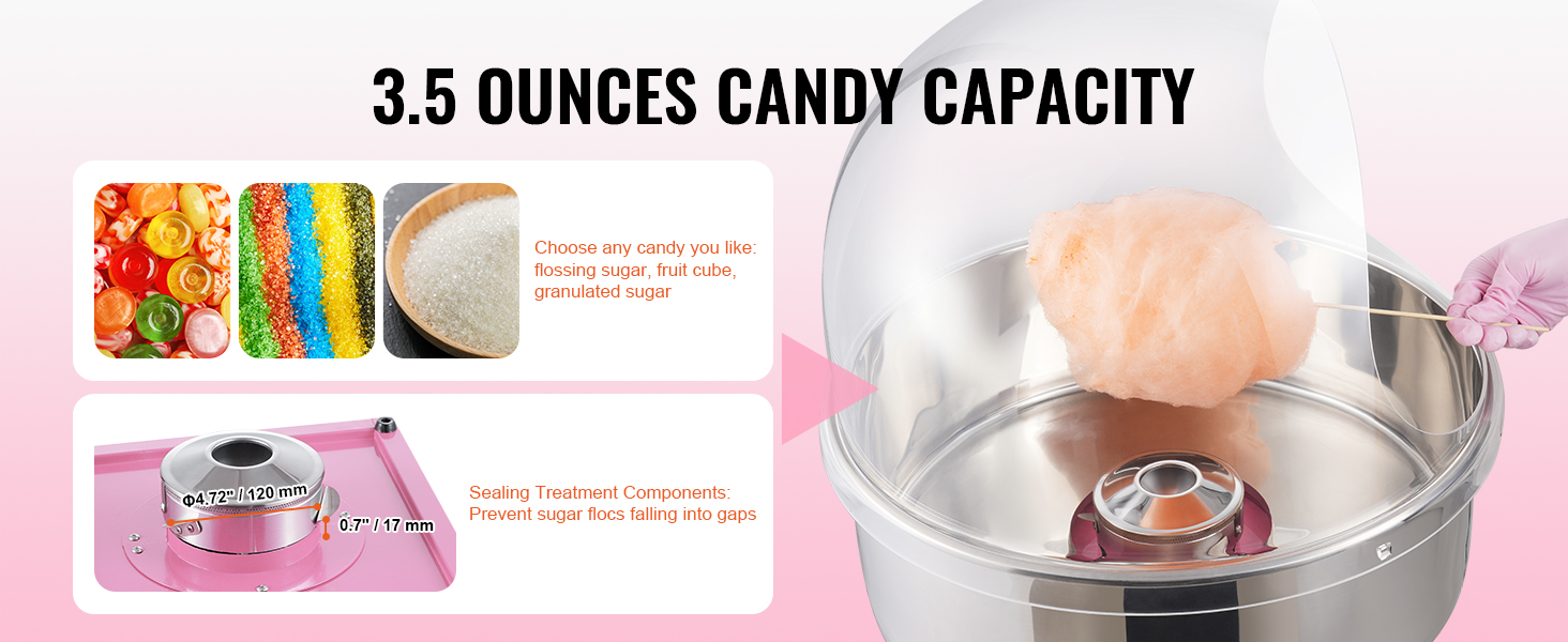 VEVOR cotton candy machine with 3.5 ounces candy capacity, supports various sugar types, and sealing components.