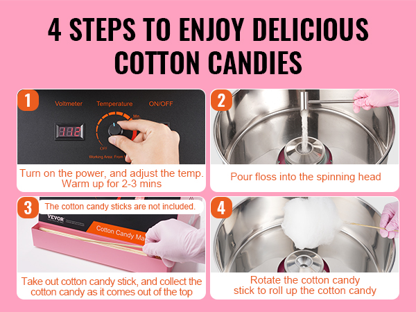 4 steps to make cotton candy using VEVOR cotton candy machine: heat, pour floss, collect, and roll.