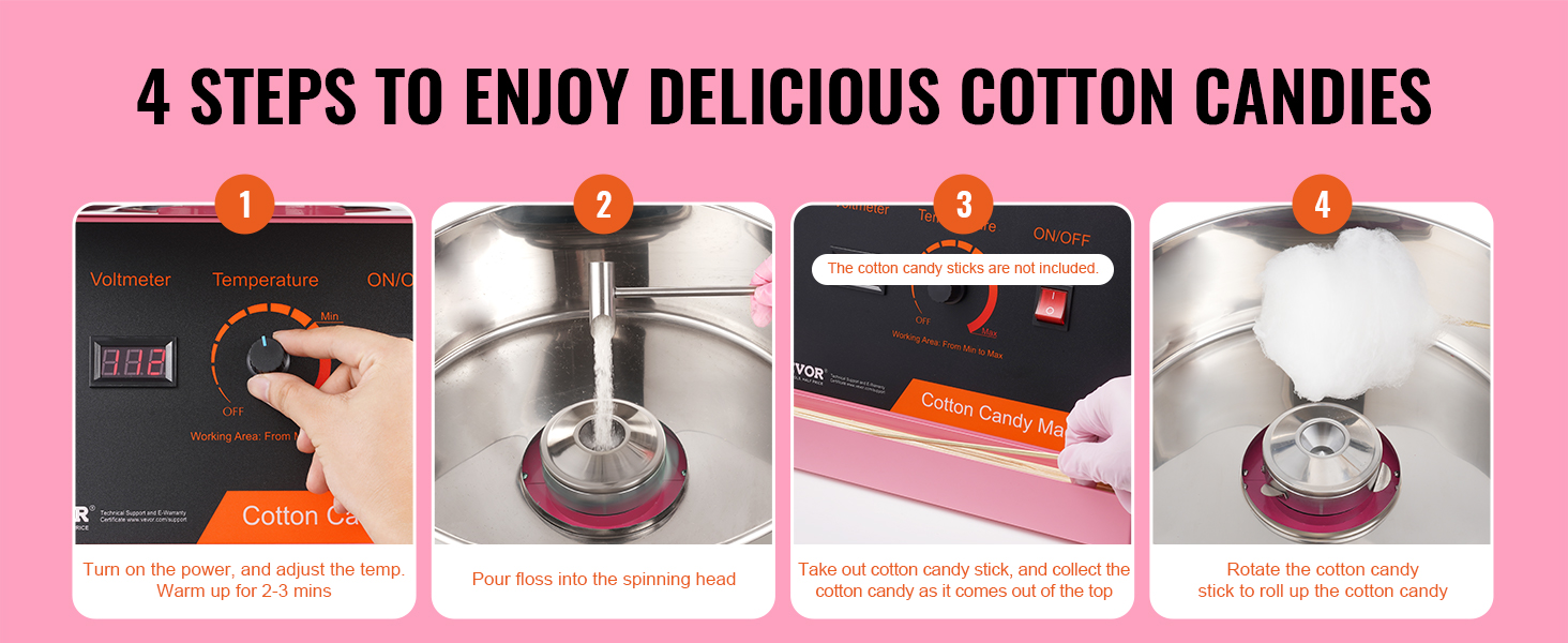 4 steps to make cotton candy using VEVOR cotton candy machine: heat, pour floss, collect, and roll.