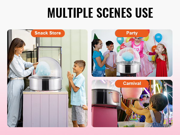 VEVOR cotton candy machine for parties, carnivals, and snack stores. multiple scenes use.
