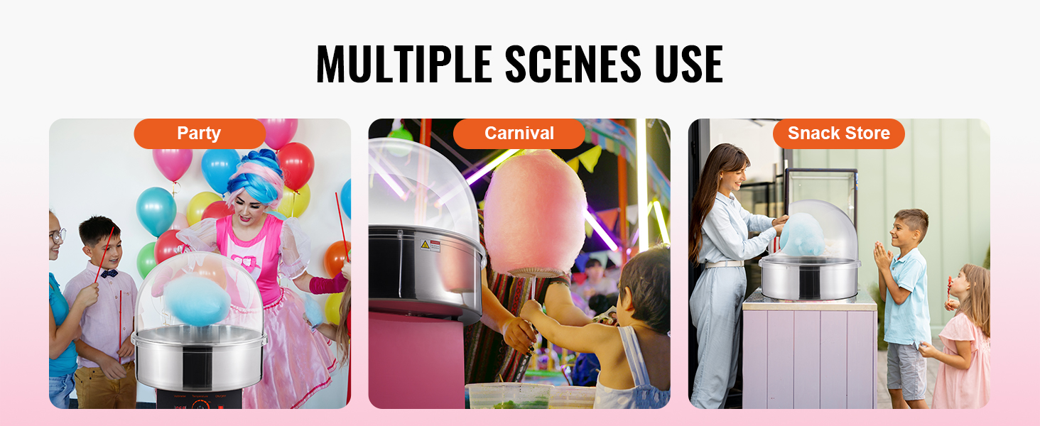 VEVOR cotton candy machine for parties, carnivals, and snack stores. multiple scenes use.