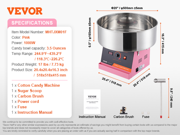 VEVOR cotton candy machine in pink, 1000w power, 3.5 oz capacity, includes carbon brush, fuse, and manual.