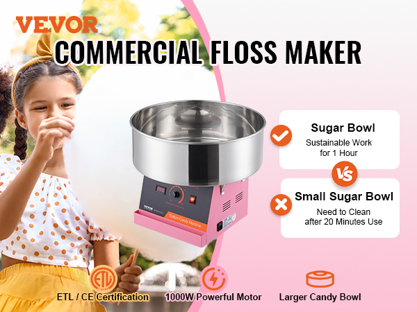 VEVOR cotton candy machine display with kids enjoying cotton candy, highlighting commercial floss maker features.
