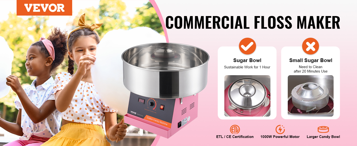 VEVOR cotton candy machine display with kids enjoying cotton candy, highlighting commercial floss maker features.
