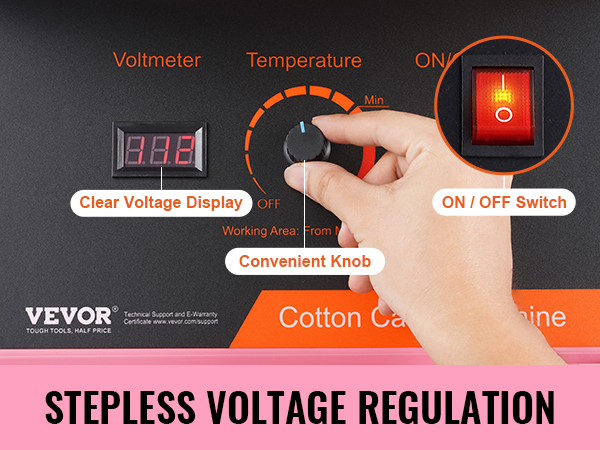 VEVOR cotton candy machine with clear voltage display, convenient knob, and on/off switch. stepless voltage regulation.