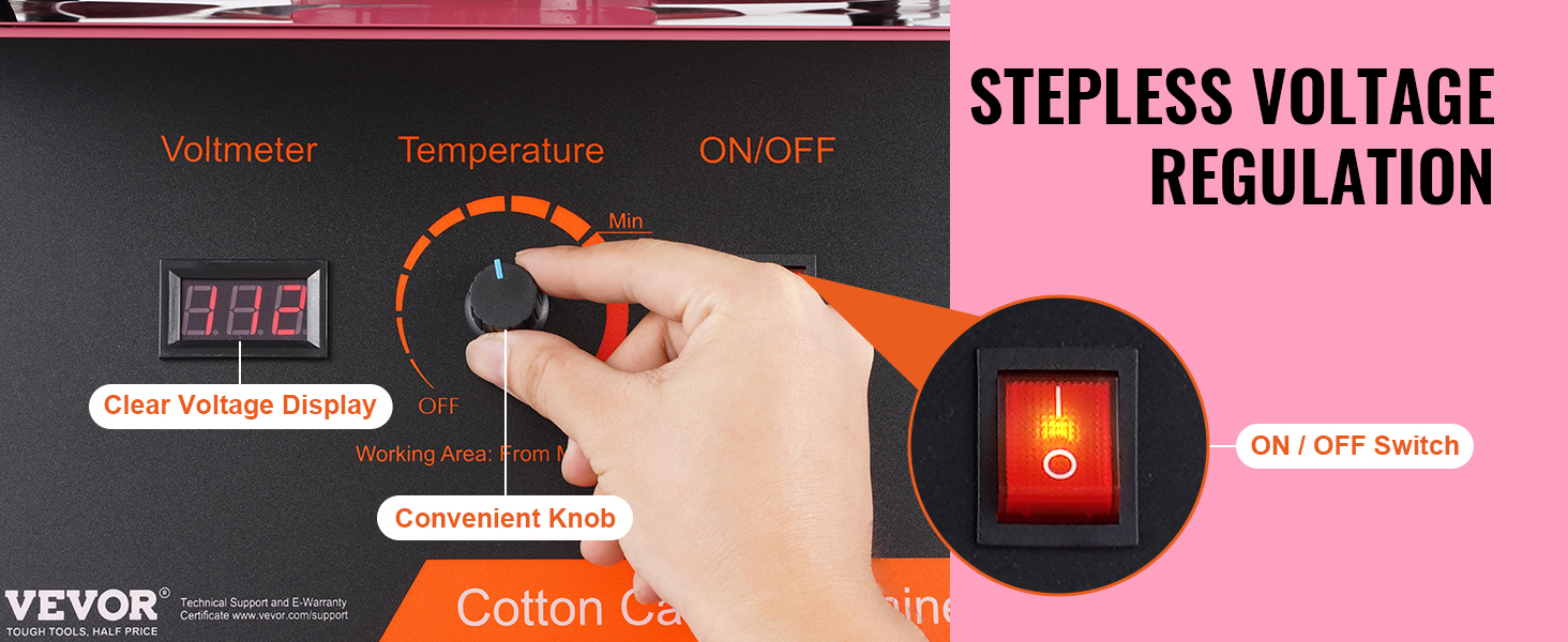 VEVOR cotton candy machine with clear voltage display, convenient knob, and on/off switch. stepless voltage regulation.
