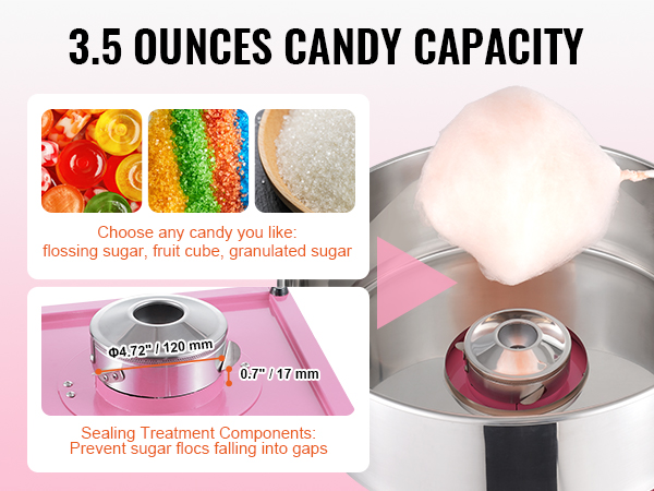 VEVOR cotton candy machine with 3.5 oz capacity, suitable for various sugars and candies.