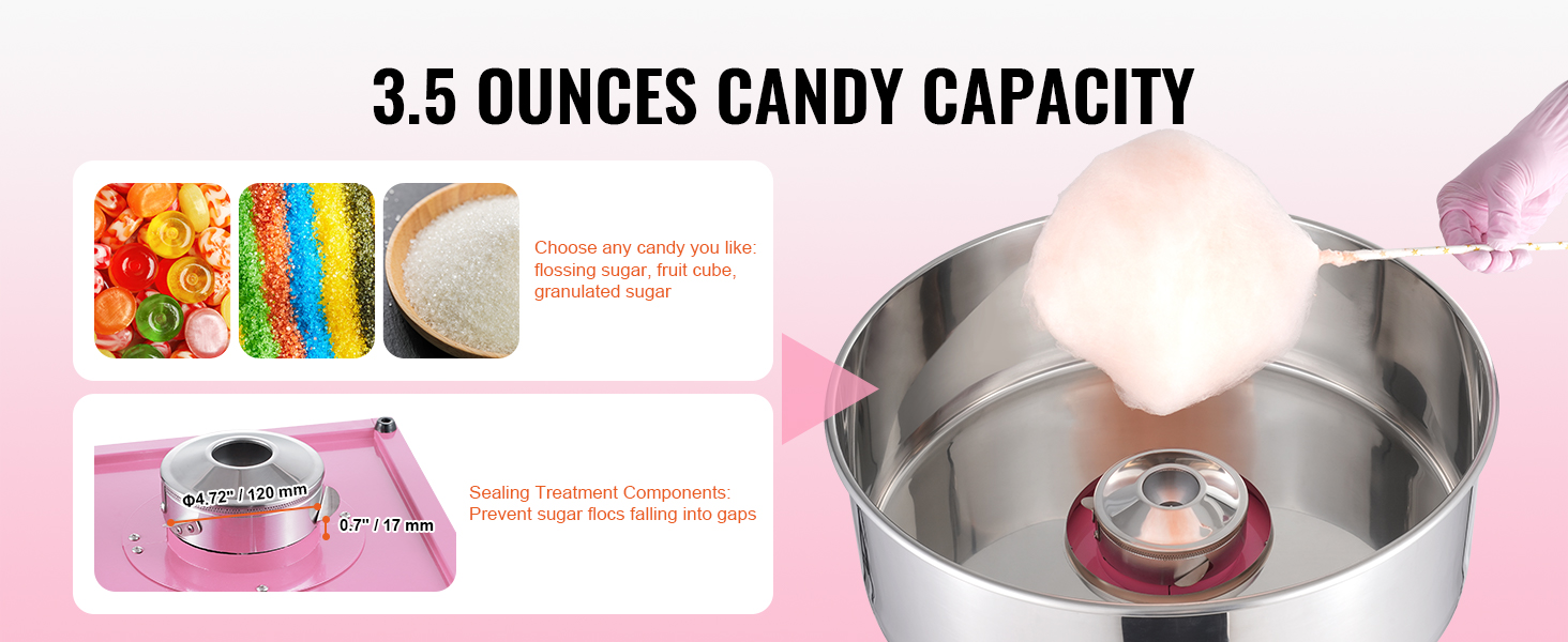 VEVOR cotton candy machine with 3.5 oz capacity, suitable for various sugars and candies.