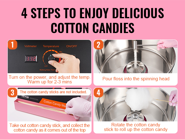 4 steps to use the VEVOR cotton candy machine to make delicious cotton candy.