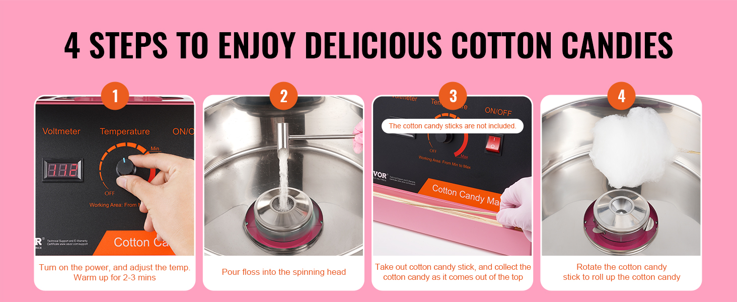 4 steps to use the VEVOR cotton candy machine to make delicious cotton candy.