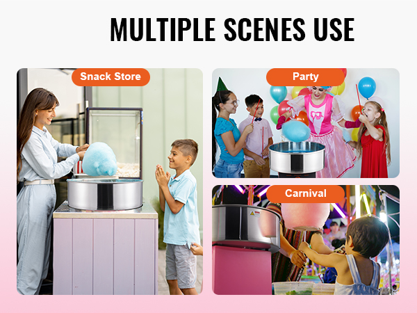 VEVOR cotton candy machine for parties, carnivals, and snack stores with colorful balloon decorations.