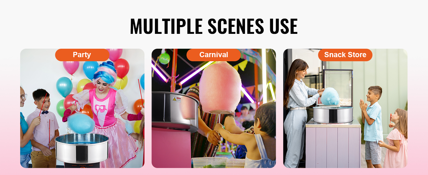 VEVOR cotton candy machine for parties, carnivals, and snack stores with colorful balloon decorations.