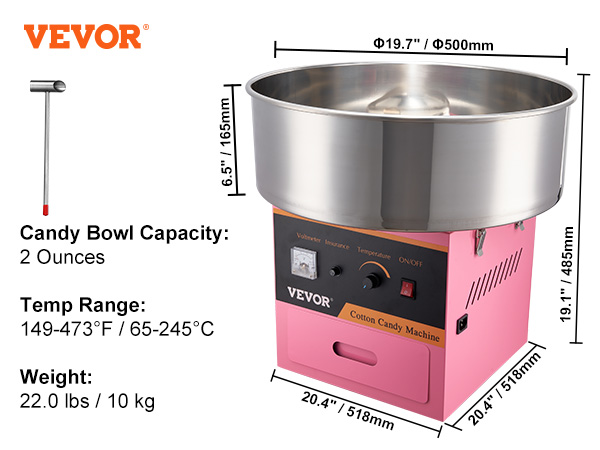 VEVOR electric cotton candy machine with stainless steel bowl, dimensions, and specs on a pink background.