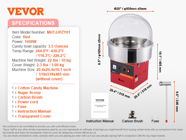 VEVOR cotton candy machine specifications, including power, weight, dimensions, and accessories. red, 1000w.