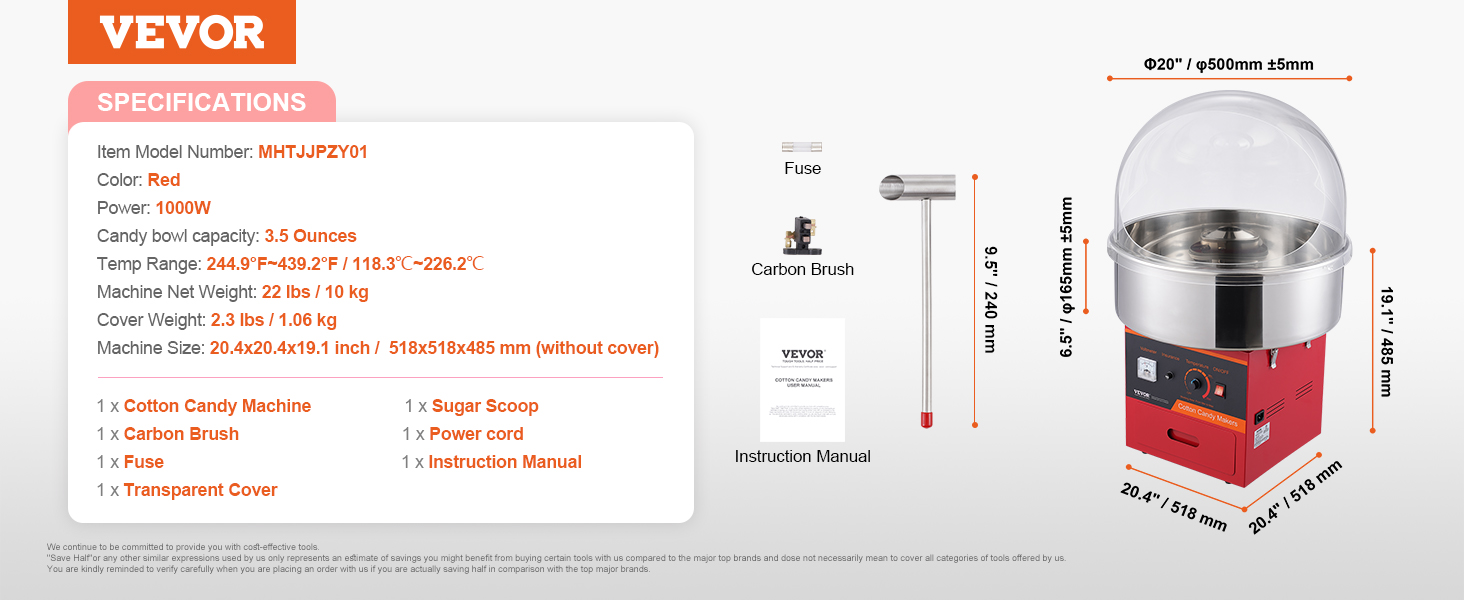 VEVOR cotton candy machine specifications, including power, weight, dimensions, and accessories. red, 1000w.