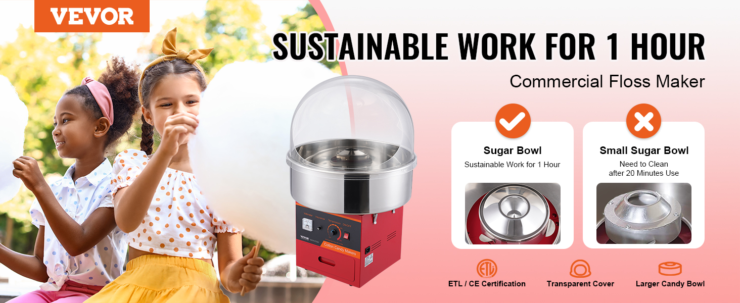 children enjoying cotton candy next to a VEVOR cotton candy machine with sustainable work for 1 hour.