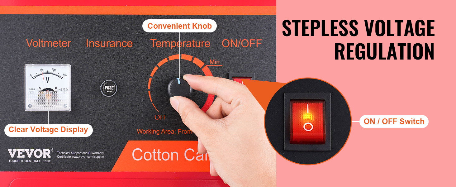 VEVOR cotton candy machine control panel with convenient knob, clear voltage display, and on/off switch.