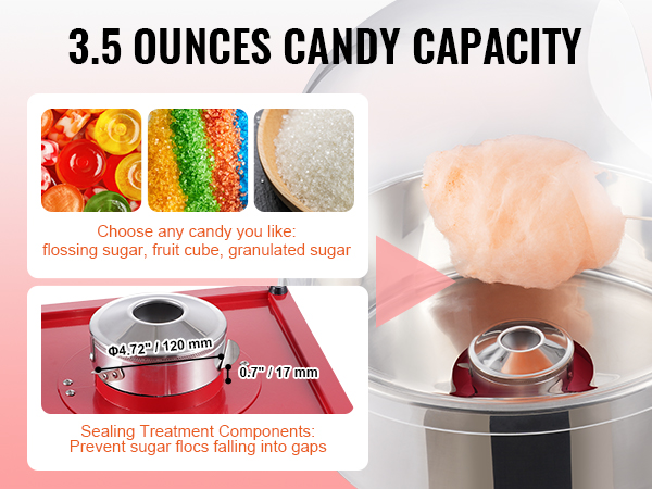 VEVOR cotton candy machine with 3.5 ounces candy capacity, showcasing candy options and sealing components.