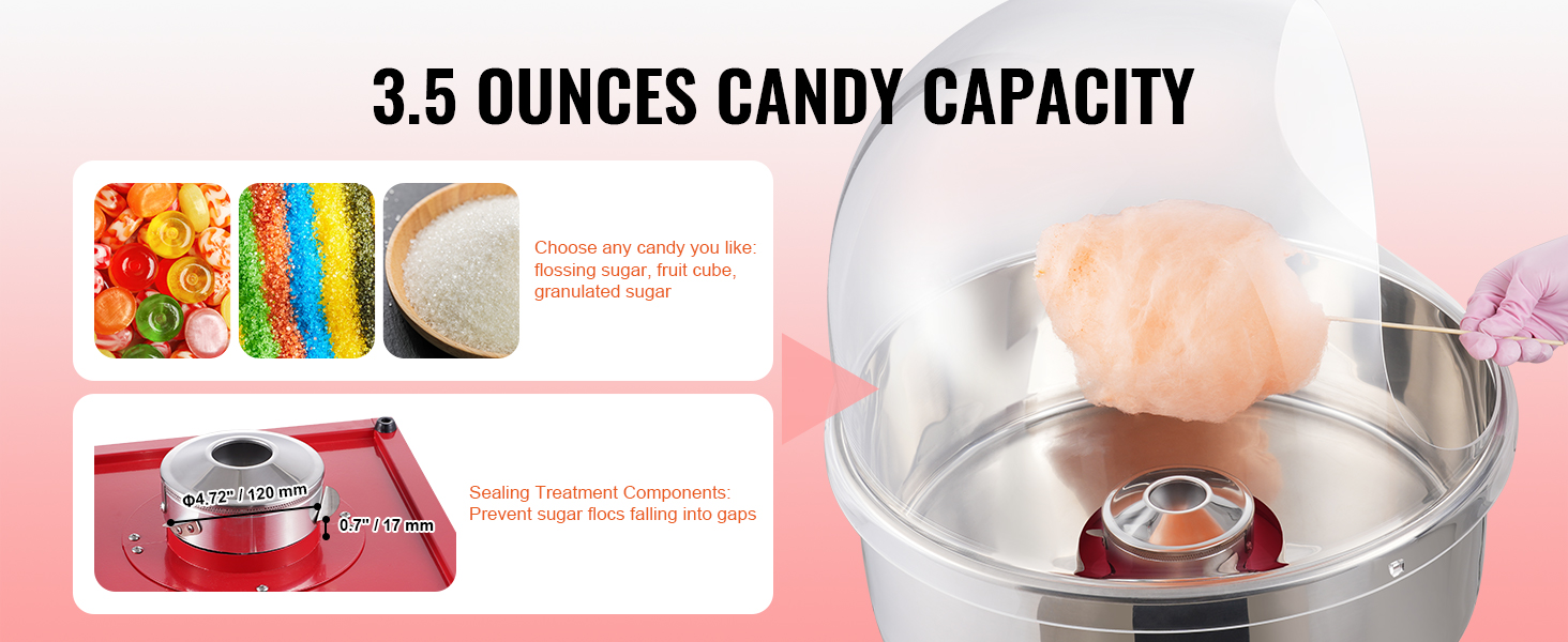 VEVOR cotton candy machine with 3.5 ounces candy capacity, showcasing candy options and sealing components.