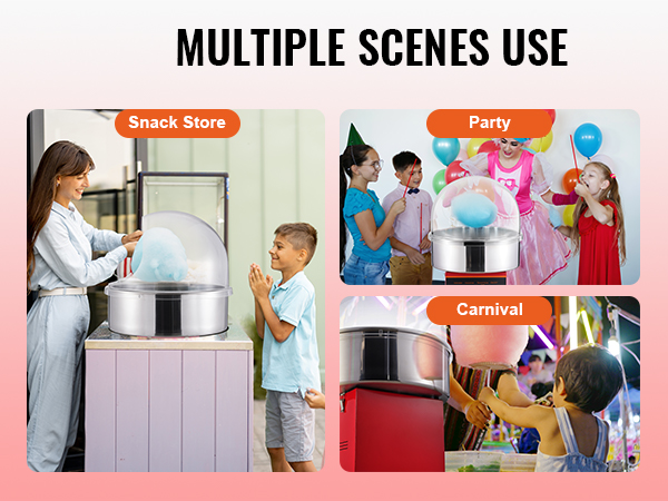 VEVOR cotton candy machine in action at a party, carnival, and snack store, making colorful treats.