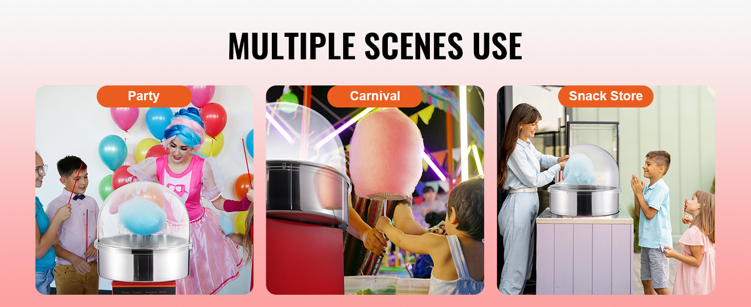 VEVOR cotton candy machine in action at a party, carnival, and snack store, making colorful treats.