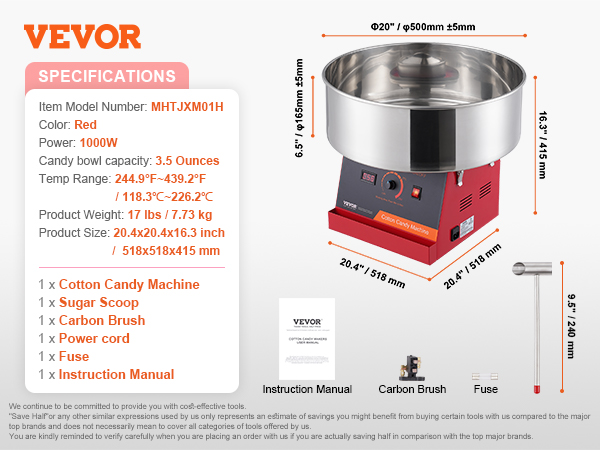 VEVOR cotton candy machine with 1000w power, 3.5 oz capacity, and red color. includes accessories.