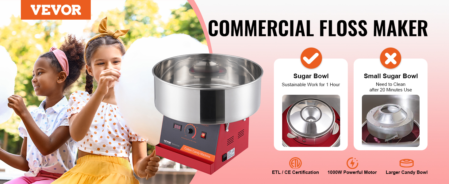 VEVOR cotton candy machine with a commercial floss maker and kids enjoying cotton candy outdoors.