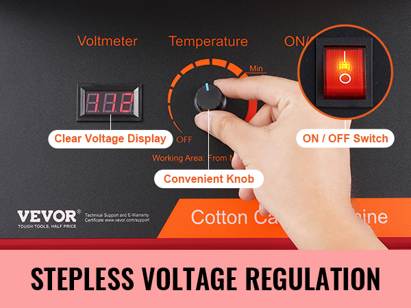 VEVOR cotton candy machine with clear voltage display, convenient knob, and on/off switch.