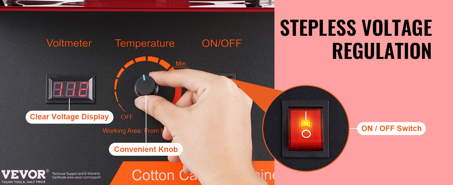 VEVOR cotton candy machine with clear voltage display, convenient knob, and on/off switch.