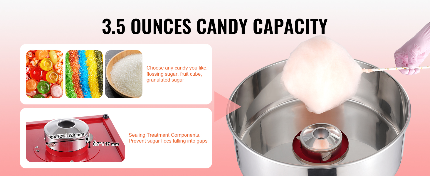 VEVOR cotton candy machine with 3.5 ounces candy capacity, compatible with various types of sugar.