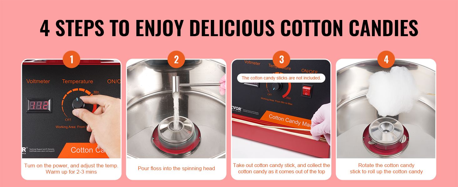4 steps to enjoy cotton candy using VEVOR cotton candy machine: power on, add floss, collect, and roll.