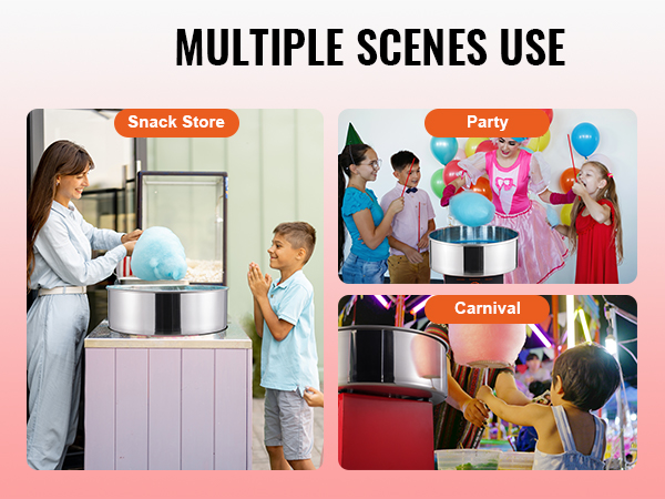 party, carnival, and snack store scenes featuring VEVOR cotton candy machine.
