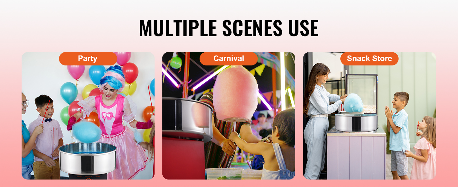 party, carnival, and snack store scenes featuring VEVOR cotton candy machine.