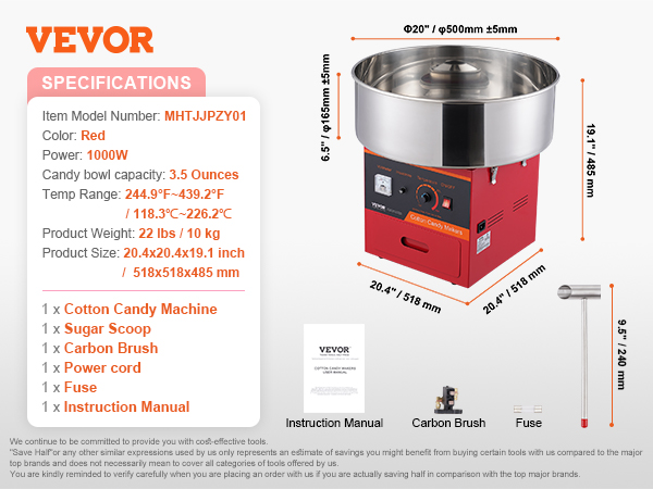 VEVOR electric cotton candy machine in red with 20.4"x20.4"x19.1" dimensions and 3.5 oz capacity.