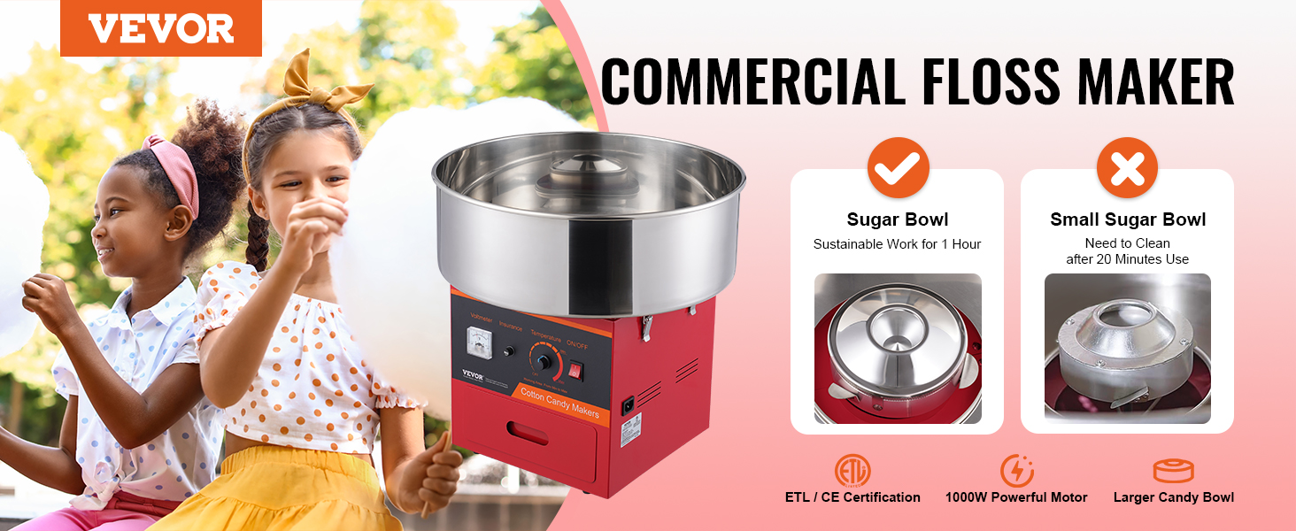 VEVOR electric cotton candy machine with kids enjoying candy floss, features large and small sugar bowls.