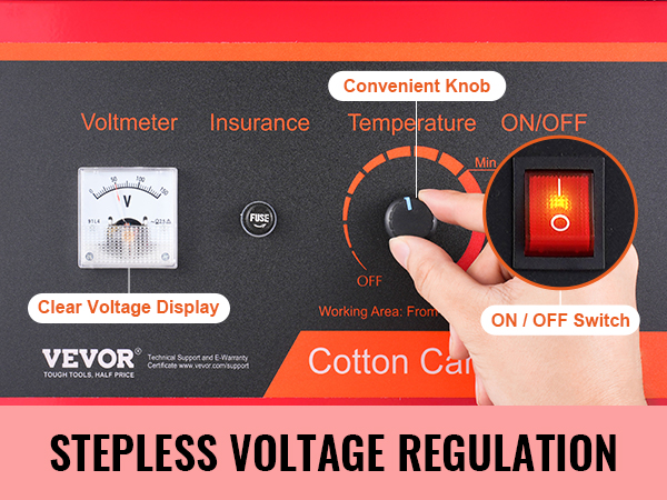 VEVOR electric cotton candy machine control panel with voltage display, temperature knob, and on/off switch.
