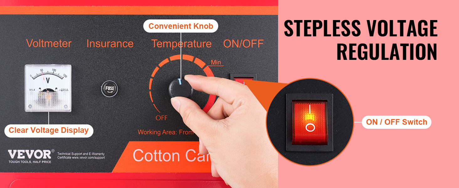 VEVOR electric cotton candy machine control panel with voltage display, temperature knob, and on/off switch.
