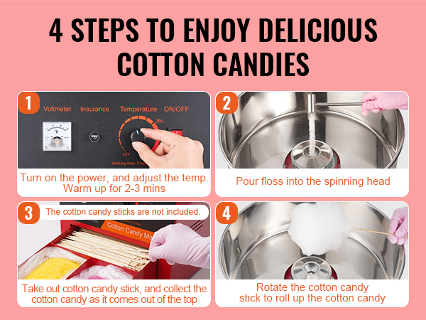 4 steps to use VEVOR electric cotton candy machine: turn on, pour floss, collect candy, rotate stick.