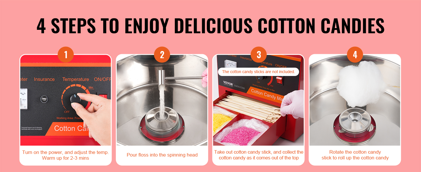 4 steps to use VEVOR electric cotton candy machine: turn on, pour floss, collect candy, rotate stick.