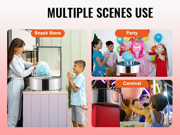 VEVOR electric cotton candy machine in use at a party, carnival, and snack store with colorful decorations.