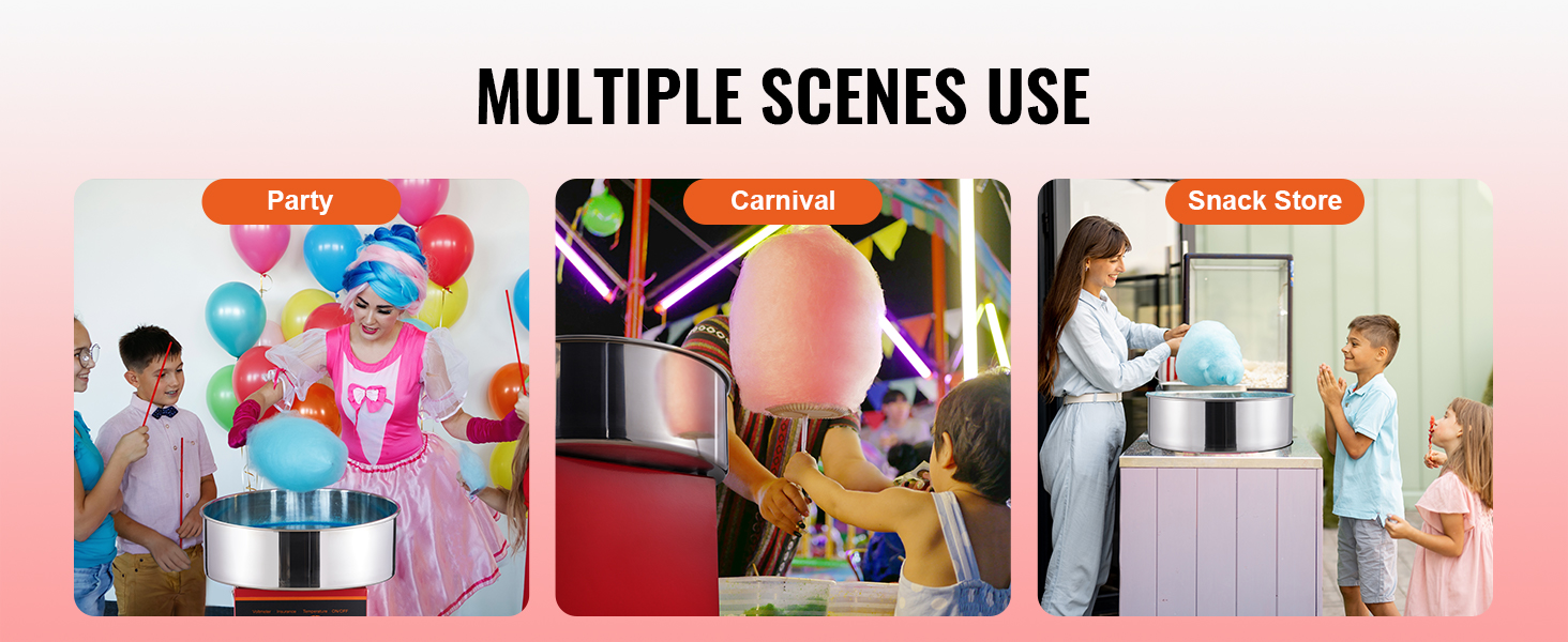 VEVOR electric cotton candy machine in use at a party, carnival, and snack store with colorful decorations.