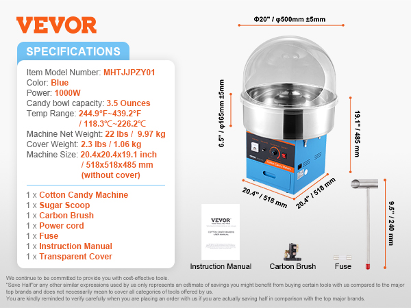 VEVOR candy floss machine specifications and accessories: blue color, 1000w power, 3.5 oz capacity.