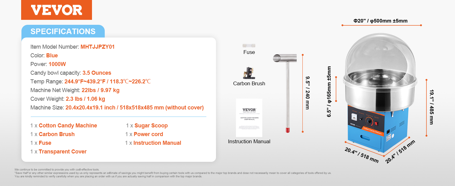 VEVOR candy floss machine specifications and accessories: blue color, 1000w power, 3.5 oz capacity.